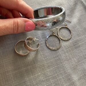 Silver Floral Engraved Bangle with Two Hoop Earring Styles - Silver